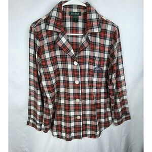 Lauren Ralph Lauren Pajama Top Women's Medium Tartan Plaid Cotton Crest‎ Holiday